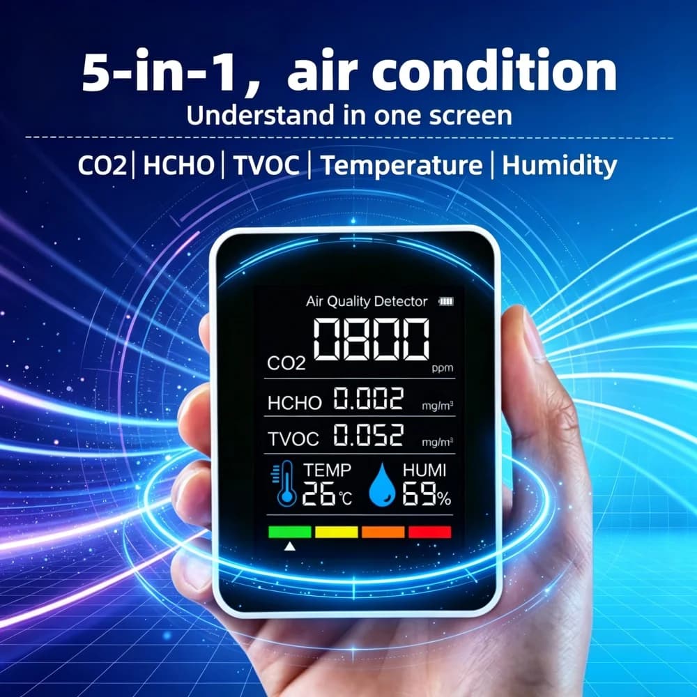 Five in One Air Quality Monitor CO2/TVOC/HCHO Detector Temperature and Humidity Tester