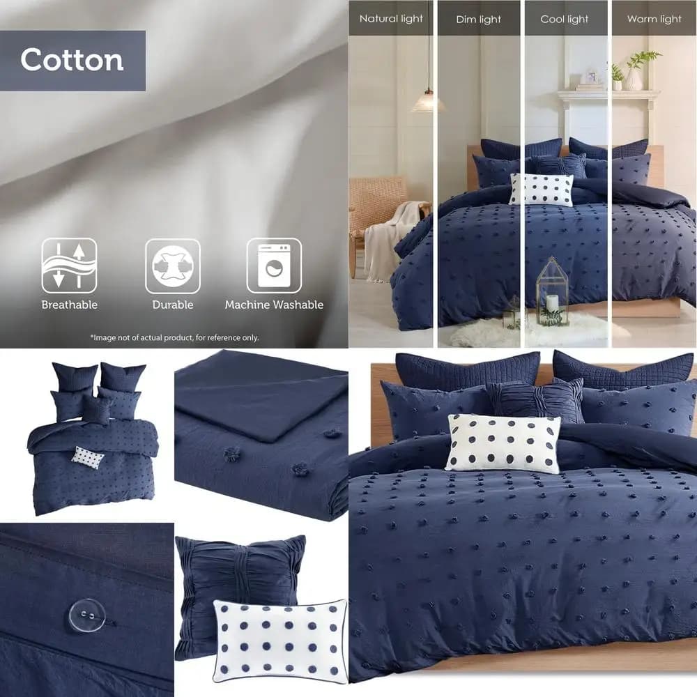 Set copripiumino jacquard 100% cotone da 7 pezzi blu scuro con ciuffi, stile shabby chic, taglia completa/queen