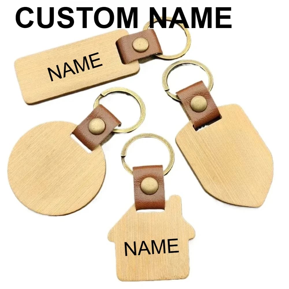 Custom Wooden and Leather Keychain with Logo and Name, Circular or Rectangular Shape, Original and Custom Gift