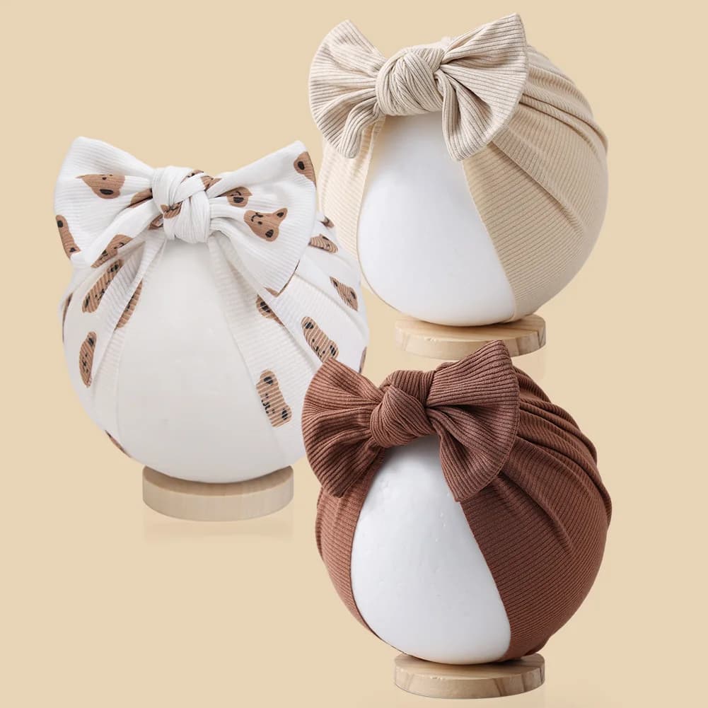 Set da 3 Pezzi per Neonati e Bambini, Cappelli Turbante Indiani con Stampa Floreale, Fiocchi per Capelli, Berretti Annodati, Copricapo con Orsetto e Cuore