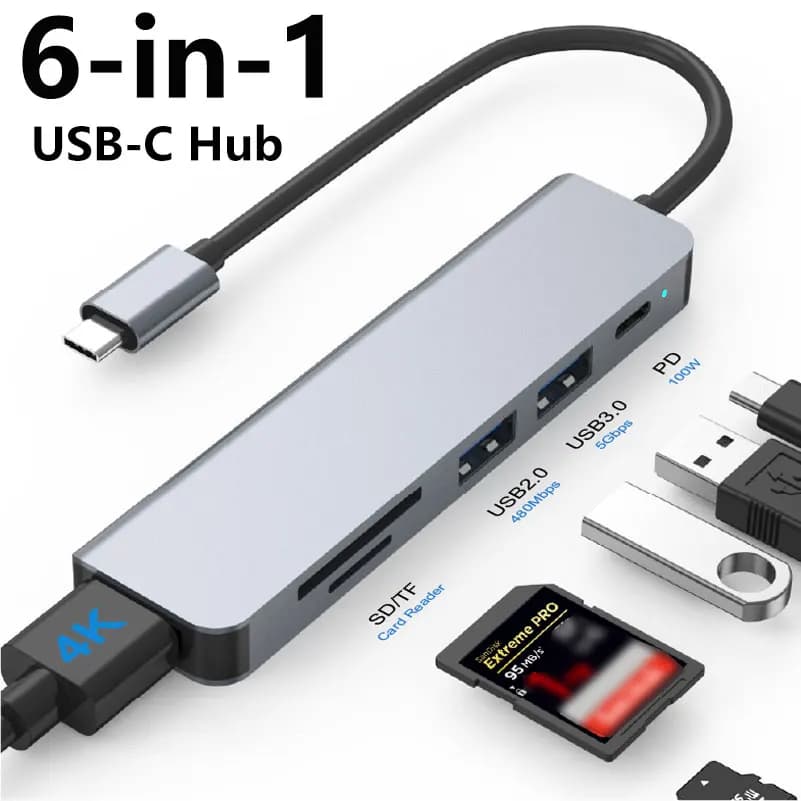 Hub USB-C 6-in-1, HDTV 4K, PD 100W, USB 3.0 5Gbps, USB 2.0, Lettore di Schede SD TF, Adattatore Multiporta
