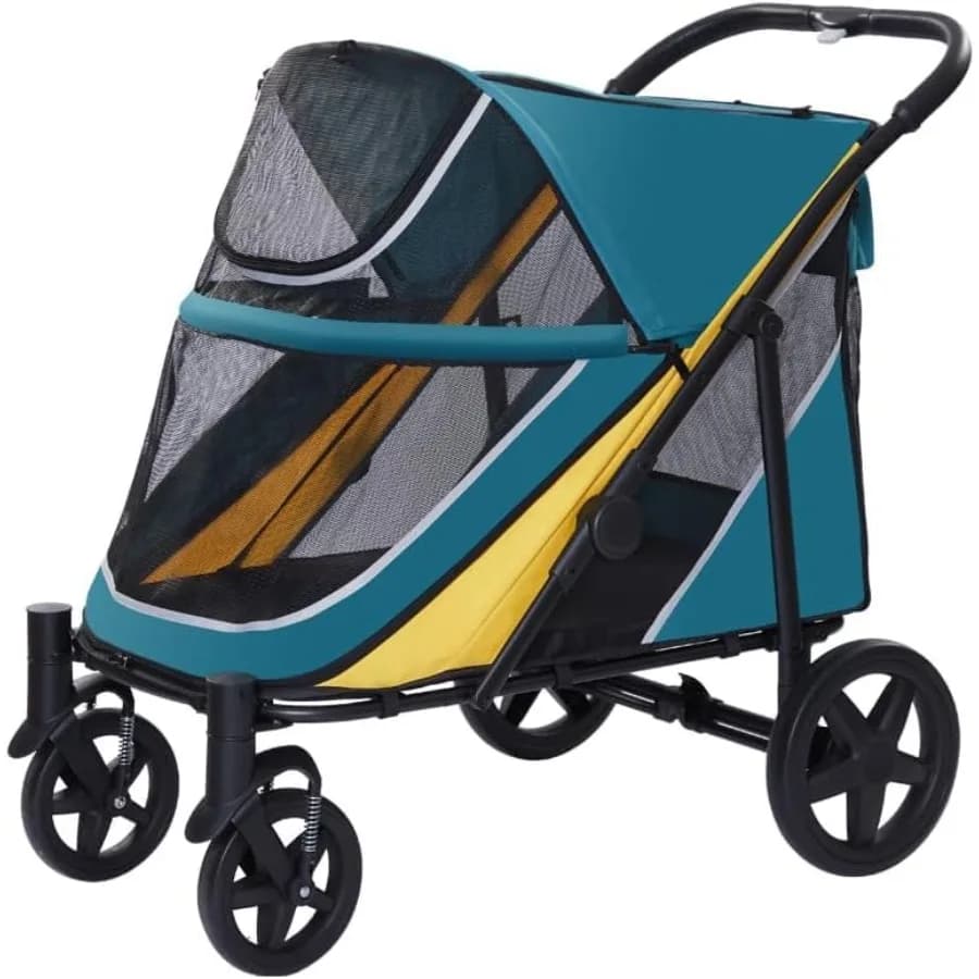 Passeggino per Cani di Taglia Grande - Carrozzina a 4 Ruote per Cani Medi o 2 Cani - Pieghevole con Un Clic - Ampio Rete Traspirante e Tettuccio Parasole - Alluminio