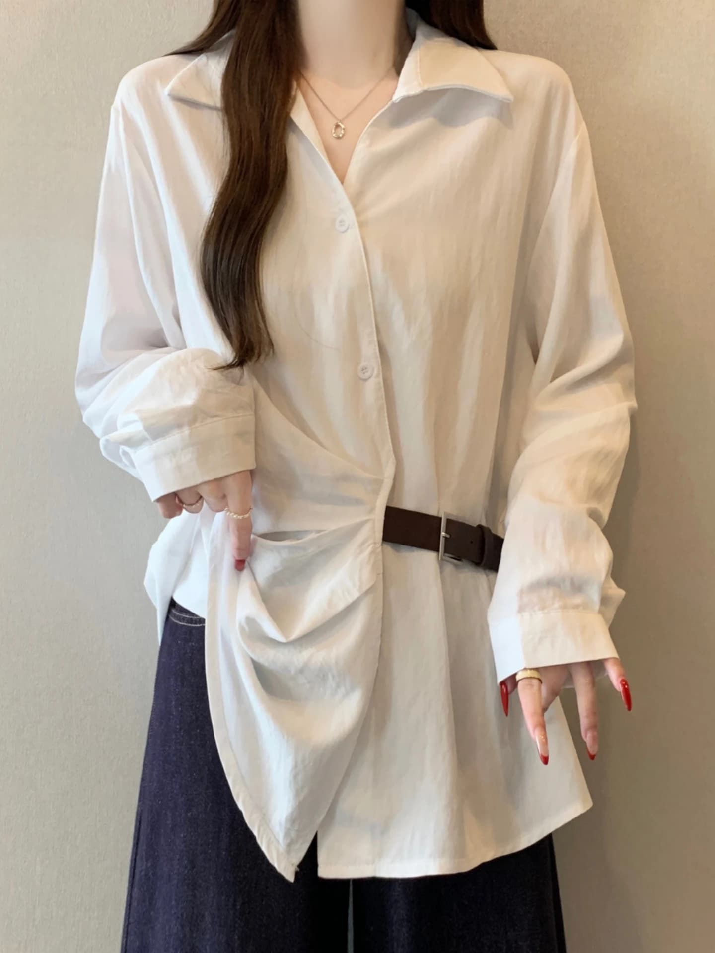 White Waist-Cinching Long Sleeve Base Shirt Women's Spring Autumn plus Size Flattering Tummy Concealing Design Sense Top