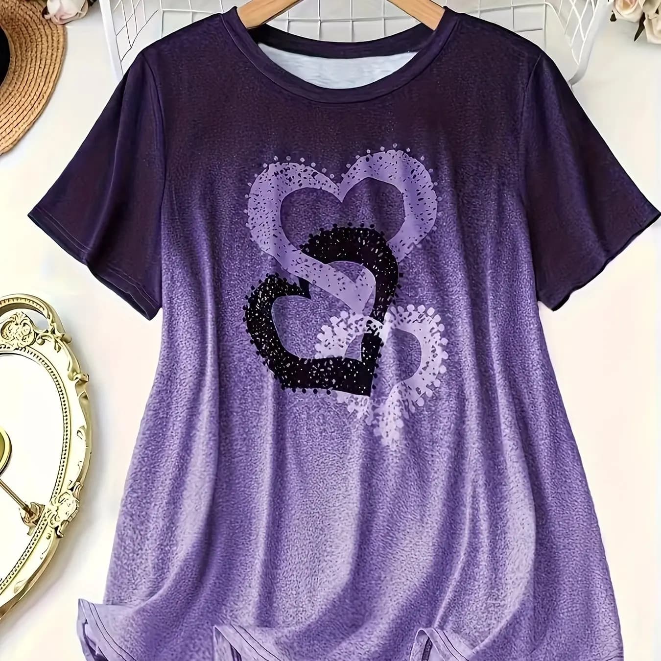 2025 Summer Woman Plus Size Heart Shaped Gradient Printed Short Sleeved T-shirt Woman T-shirt Casual Drying Quick Breathable