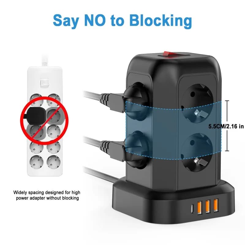 Multifunctional Power Strip 8 AC Outlets Sockets With 3 USB 1 Type-C Sockets 1.8m Power Cable Tower Socket with Surge Protection
