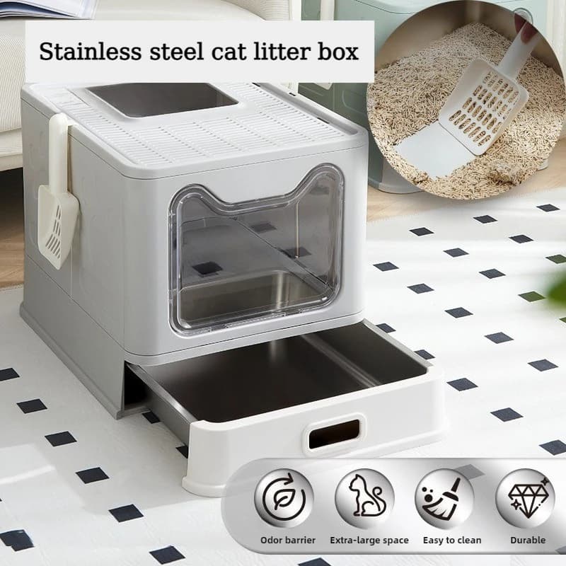 Lettiera per gatti in acciaio inossidabile Sabbiera per gatti pieghevole completamente chiusa Cassetto grande Anti-spruzzi Deodorante Toilette per gatti Facile da pulire