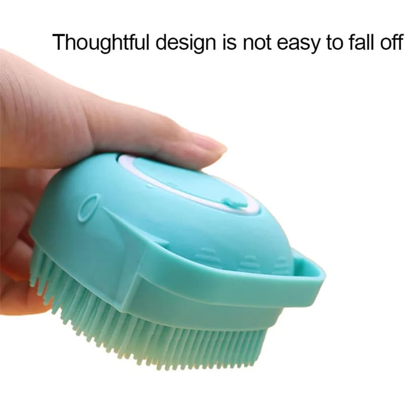 Spazzola per il bagno per cani in silicone blu 8,5x7,5x5 cm con dispenser di shampoo integrato e setole morbide per uso alimentare per la pulizia degli animali domestici