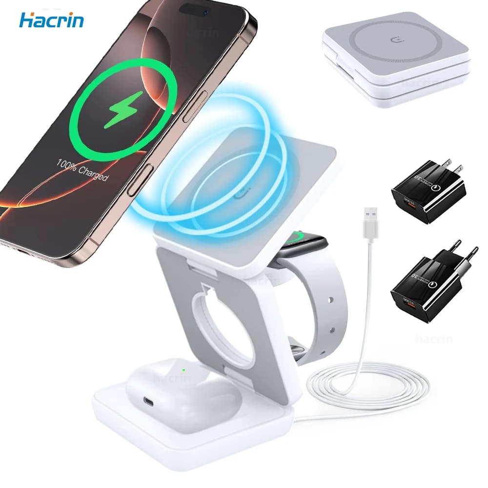 Stazione di Ricarica Wireless Pieghevole 3 in 1 per iPhone 17-12 Pro Max, Watch e Airpods - Caricatore Magnetico Wireless a Ricarica Rapida