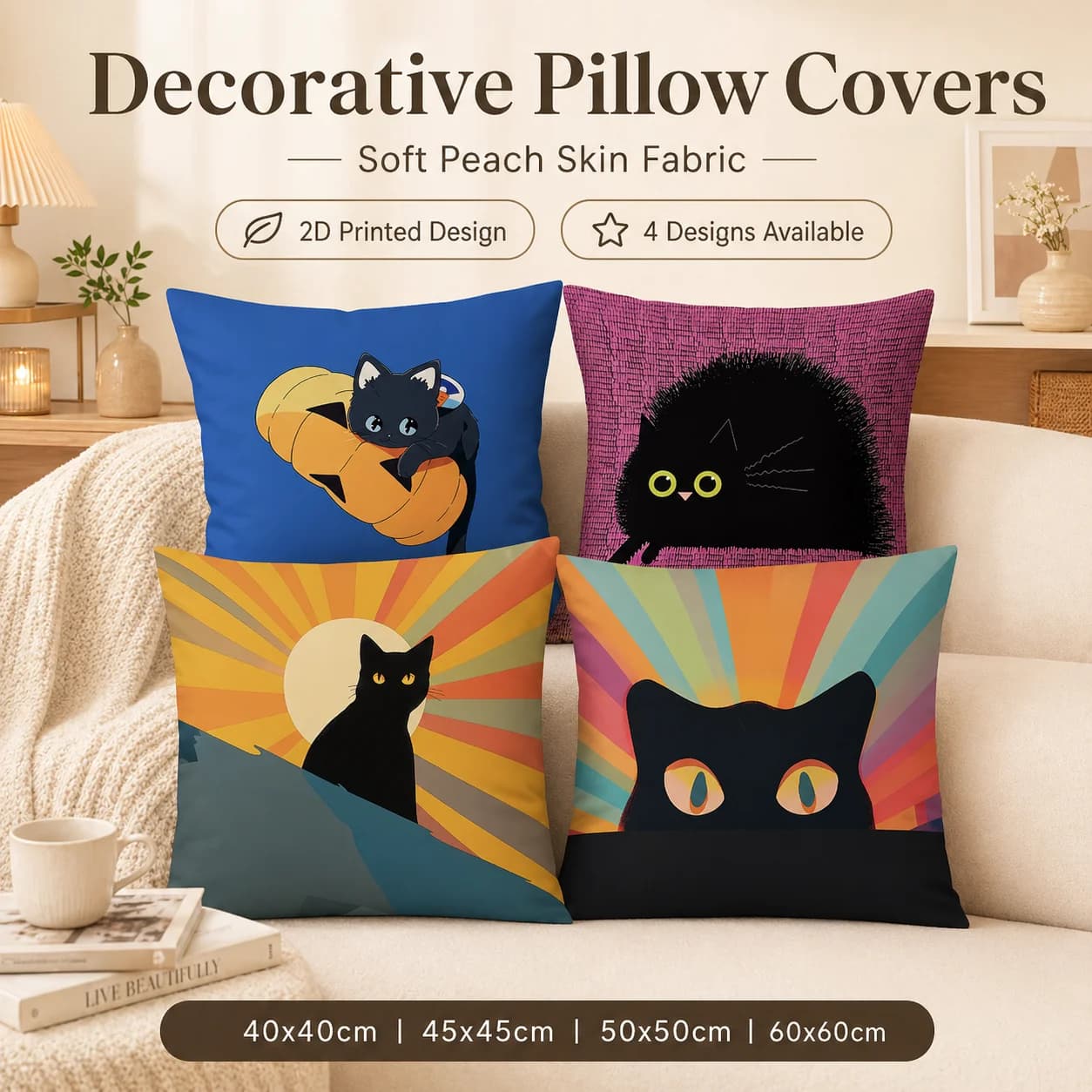 Funny Black Cat Pumpkin Pillow Cover Peach Skin Fabric 2D Flat Printed Cushion Case For Bedroom Sofa Couch Decor 40x40