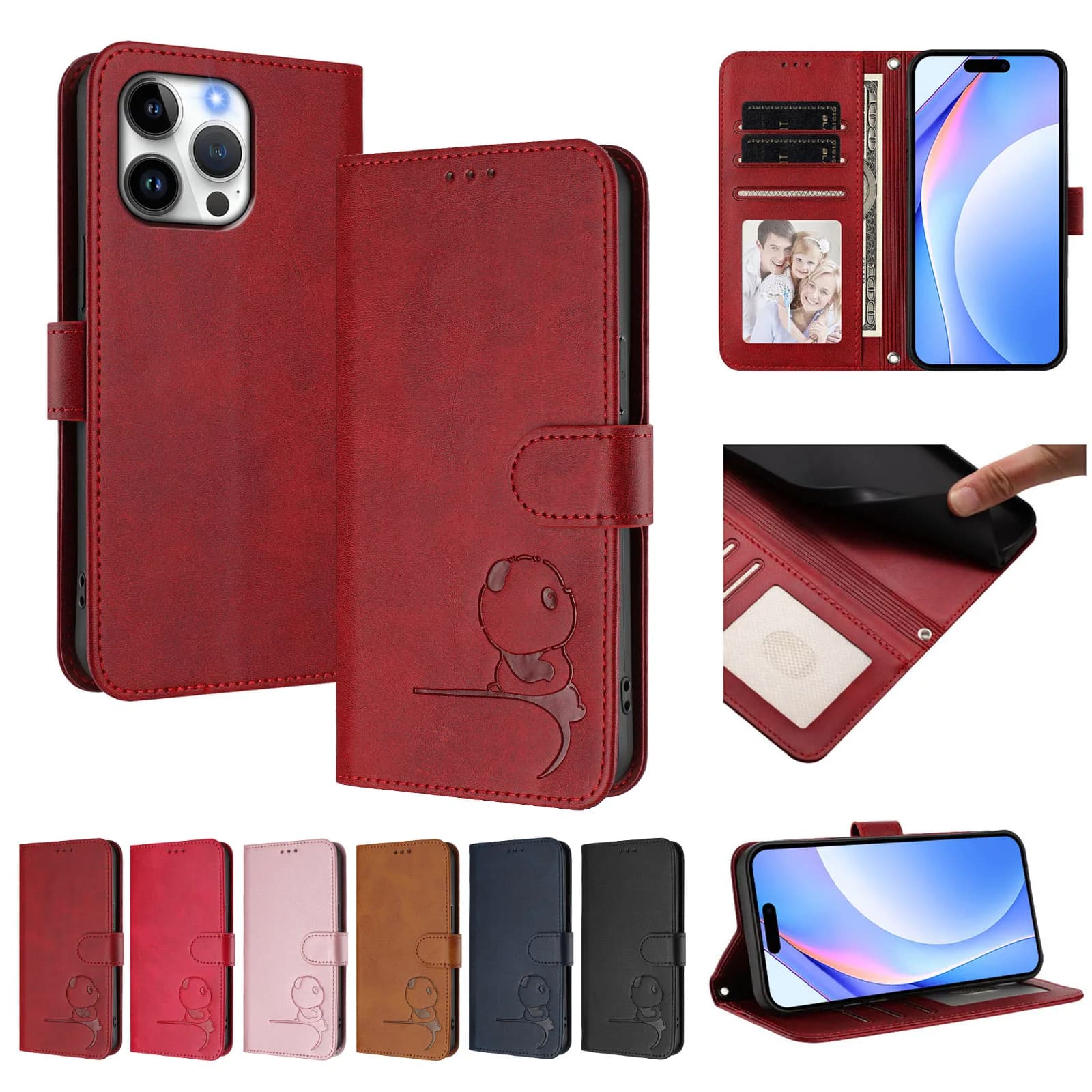 Custodia a libro in pelle con blocco RFID e 3 slot per carte, design simpatico panda, per iPhone 17 16 Pro Max 16E 15 Plus 14 13 12 11 XS