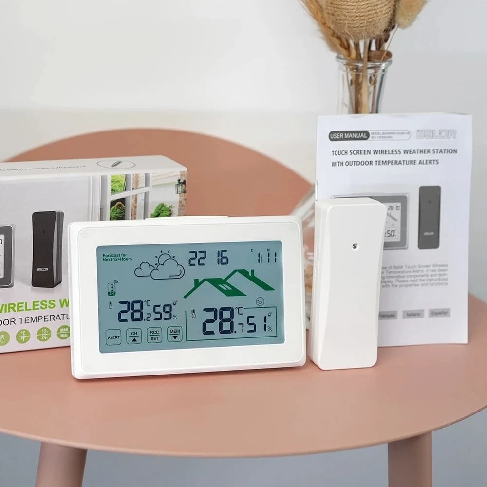 Stazione Meteo Digitale LCD Wireless con Sveglia DCF, Calendario, Termometro, Igrometro, Sensore, Previsioni Meteo e Retroilluminazione
