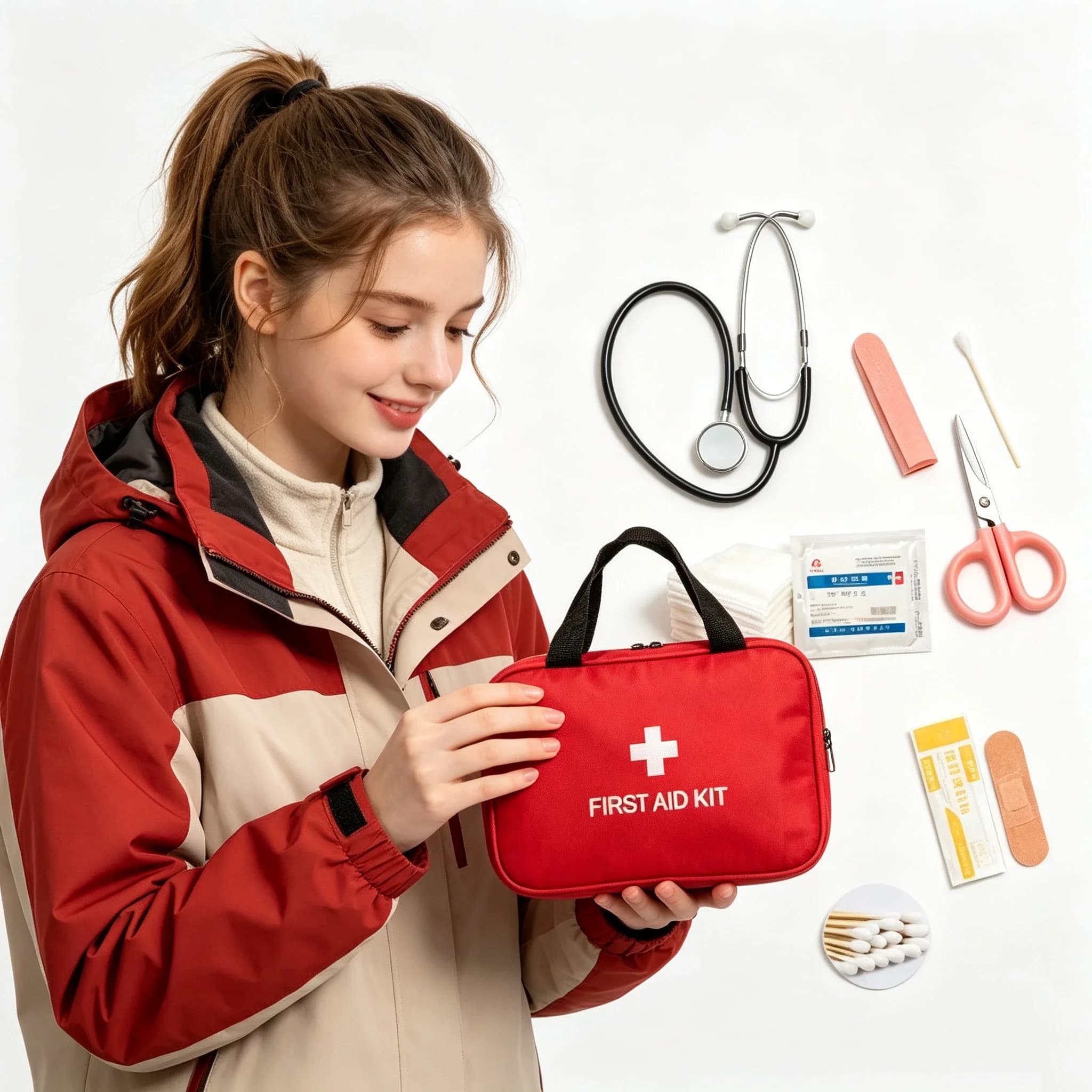 Portable First Aid Kit with Stethoscope Gauze Cotton Swabs Emergency Survival Bag for Home Outdoor Travel Camping Hiking Car
