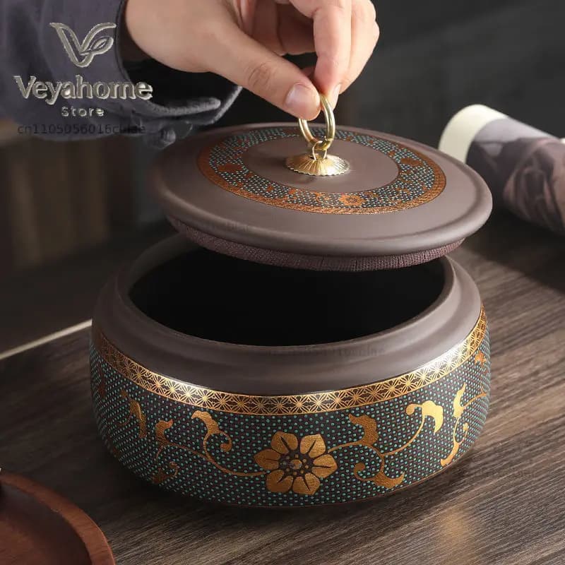 Modern Purple Sand Ceramic Tea Pot Gilded Flower Porcelain Storage Jar Household Candy Coffee Bean Sealed Jar Storage Container