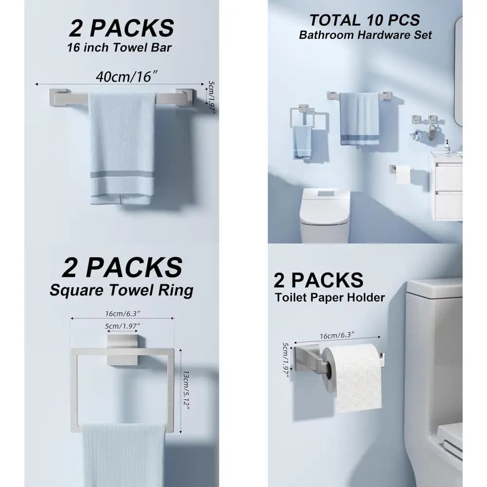 Set di accessori da bagno quadrati in nichel spazzolato da 10 pezzi: 16 portasciugamani, porta carta igienica, anelli e ganci per accappatoio resistenti alla ruggine