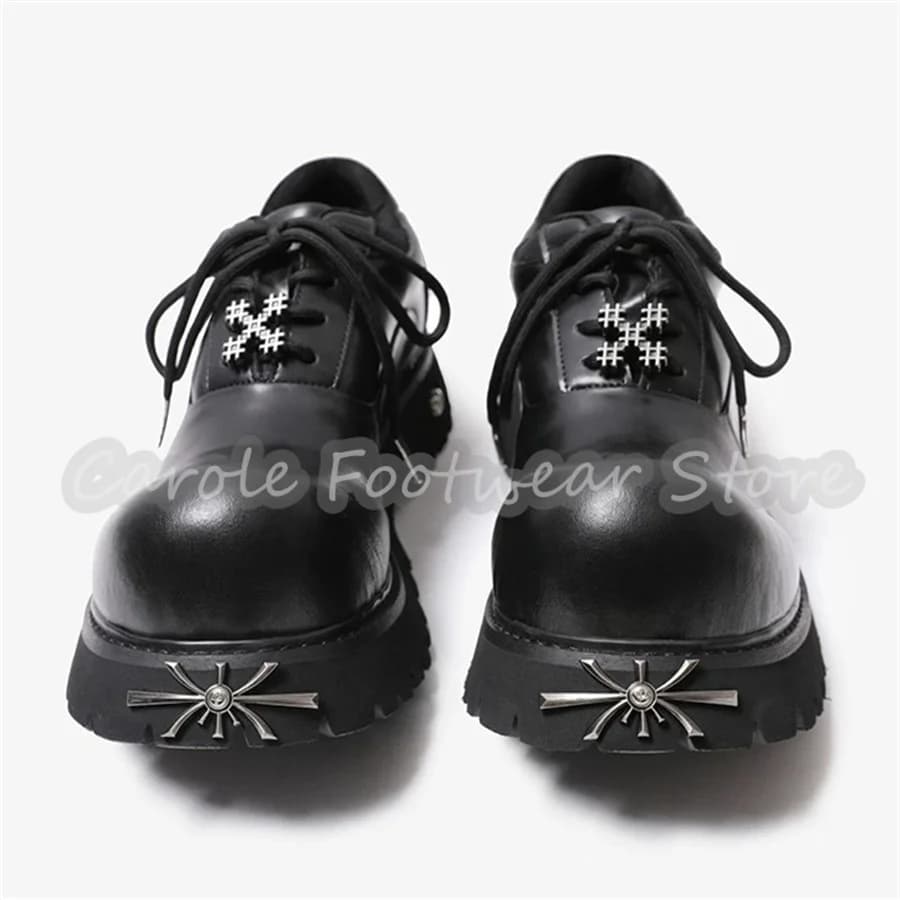 Punk Metal Decor Big Head Lace-Up Sneakers Male Chunky Bottom Height Increase Single Shoes British Style Leather Casual Shoes