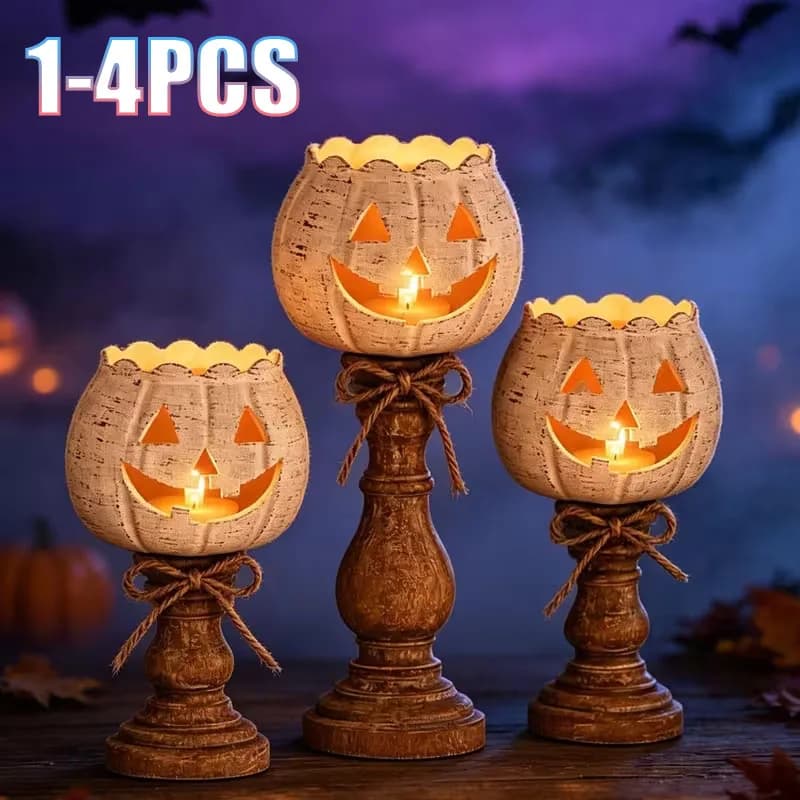 1-4pcs Rustic Lantern Pumpkin Candle Holder Antique Finish Ceramic Tealight Stand for Home Mantel Shelf Party Decoration