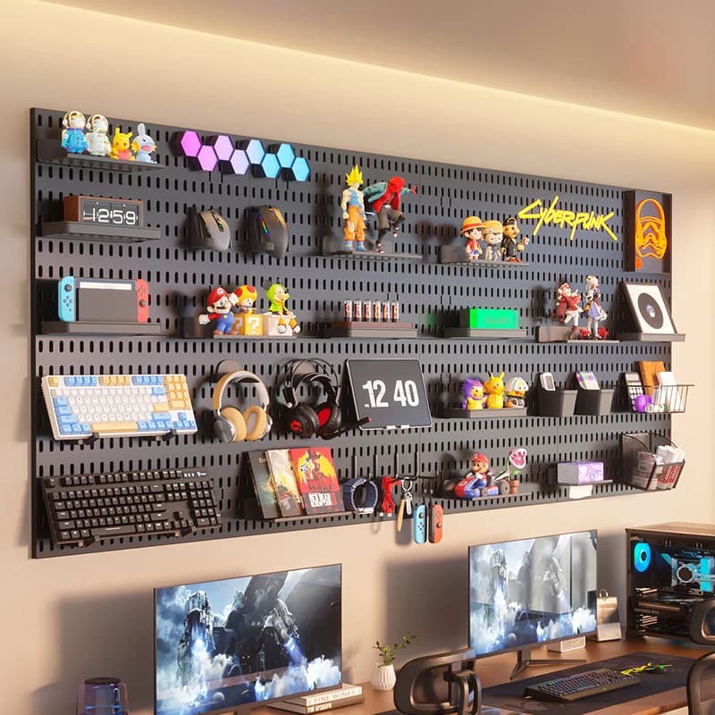 Pannello forato per sala giochi senza trapano, organizer da parete per controller, supporto per cuffie e tastiera, rack di stoccaggio per display multifunzionale