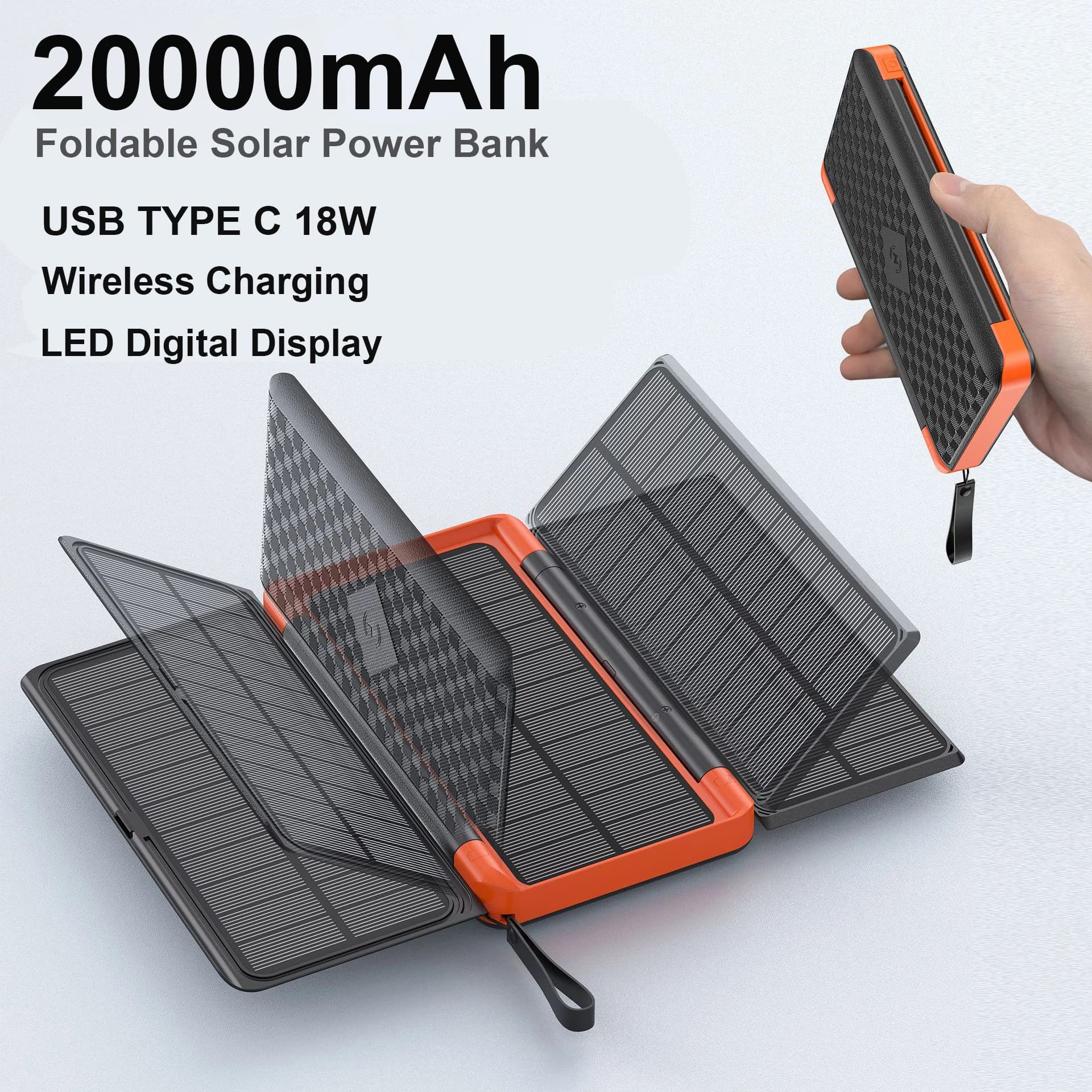 Banca di energia solare esterna da 20000 mAh con 3 pannelli solari Qi Powerbank wireless per iPhone 16 15 14 13 12 11 Huawei Xiaomi Poverbank