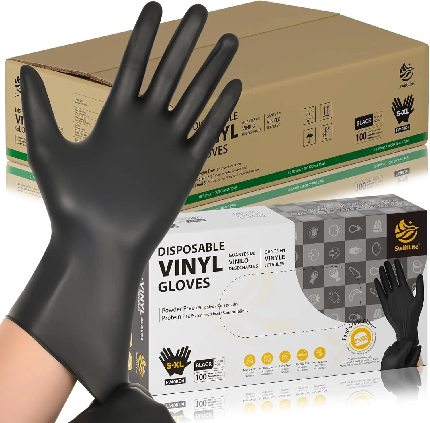 Guanti in Vinile Nero per Pulizia, Cucina e Preparazione Alimenti, Monouso, Senza Lattice e Senza Polvere