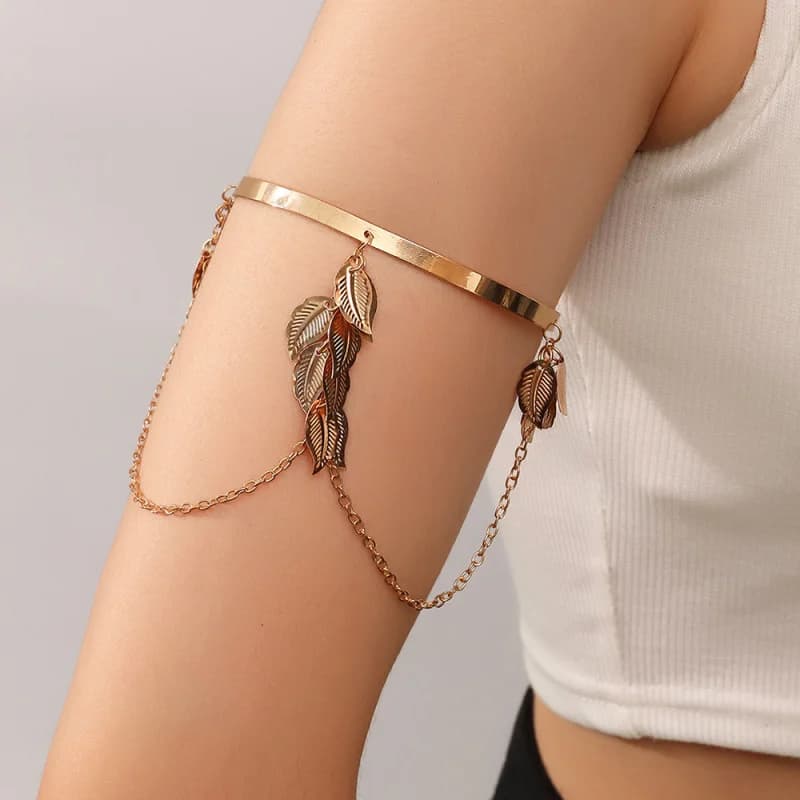 Bracciale artistico da 1 pezzo: anello da braccio geometrico in lega con frange a forma di foglia, design boho traforato