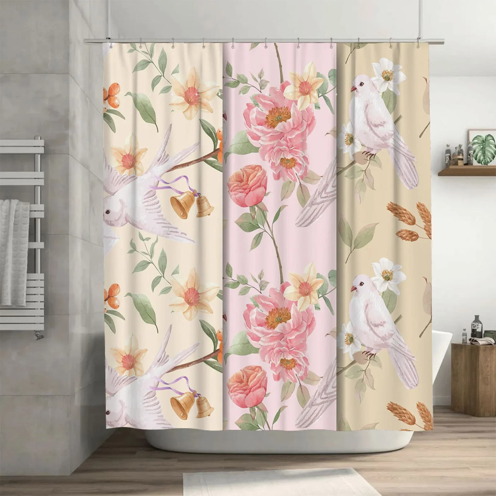 Tenda da doccia con uccelli floreali acquerello Rosa Pesca Bianco Arancione Verde Giallo Lavanda Peonia Set tappetino da bagno decorativo moderno per Ho