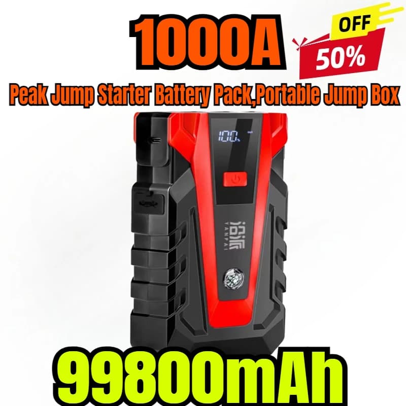 Batteria di avviamento Peak Jump da 1000 A, scatola di emergenza portatile con schermo LCD completo, luce LED e avviamento di emergenza per batteria per auto USB 12 V