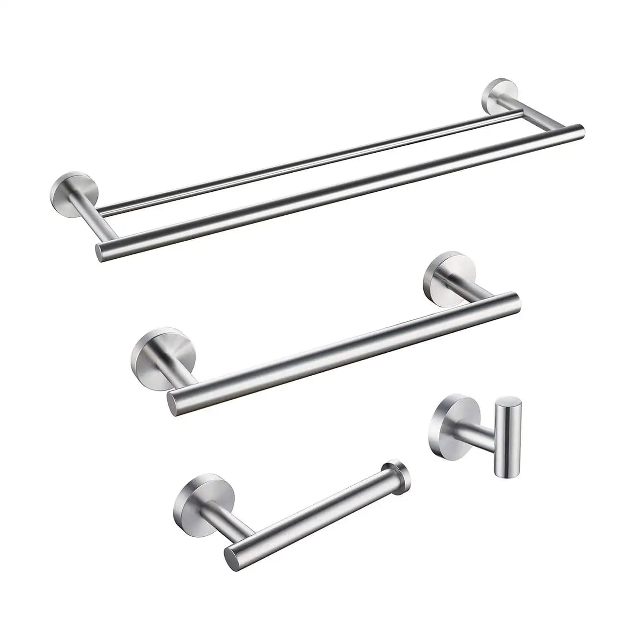 4-Piece Satin Finish Stainless Steel Bathroom Fixture Set: Dual Towel Rail, Single Towel Bar, Toilet Paper Holder, and Robe Hook