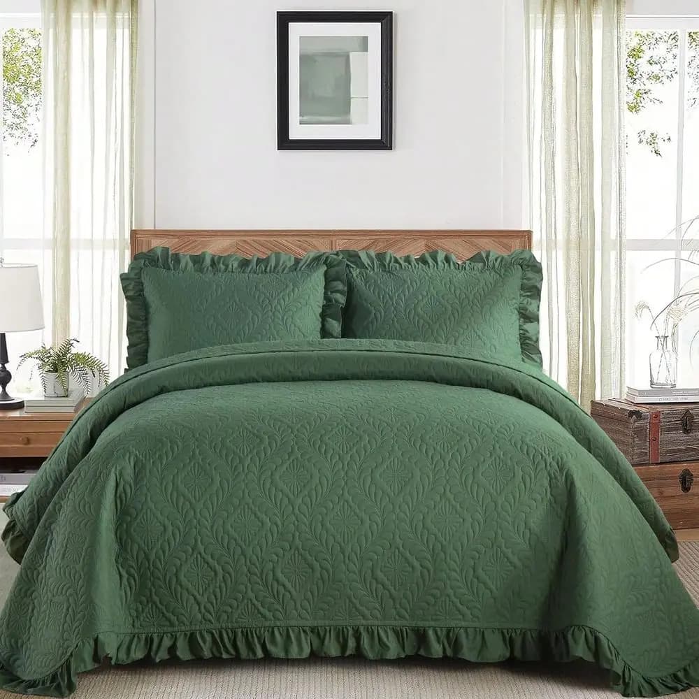 Set Copriletto Verde Oliva per Letto Matrimoniale/King Size, Set Copriletto con Volant, Copriletto Leggero, Copriletto Decorativo