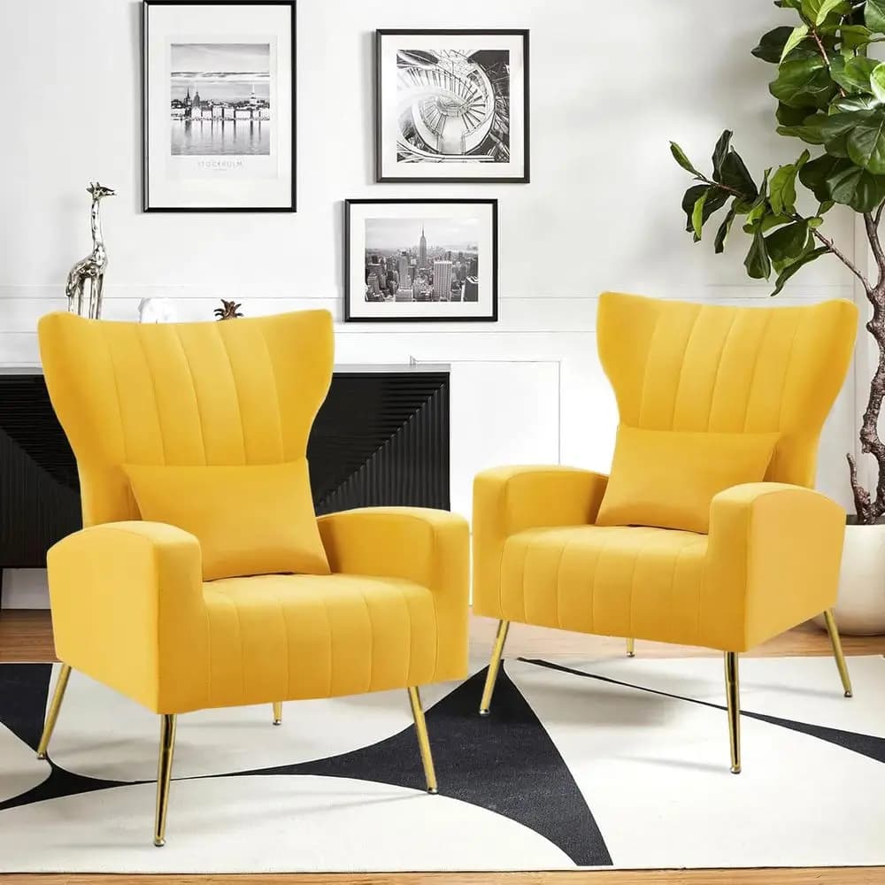 Set di 2 poltrone Accent, poltrona Wingback con braccioli e gambe dorate, poltrona laterale per soggiorno e camera da letto con cuscino lombare, in velluto