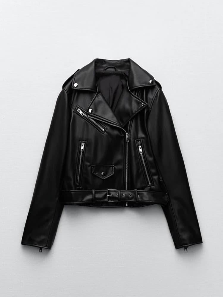 Ailegogo Streetwear donna Slim Fit nero Pu giacca in ecopelle con cintura primavera donna moto Biker Zipper Coat Outwear