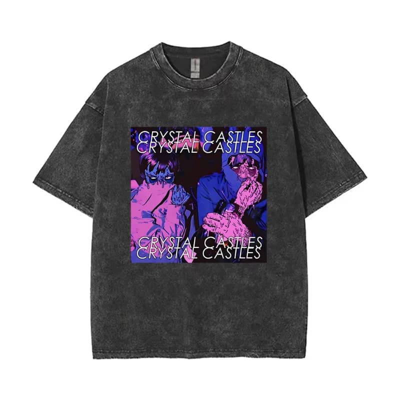 T-shirt da uomo con stampa fronte-retro dell'album musicale II di Crystal Castles, stile vintage lavato, gotico punk, oversize in cotone