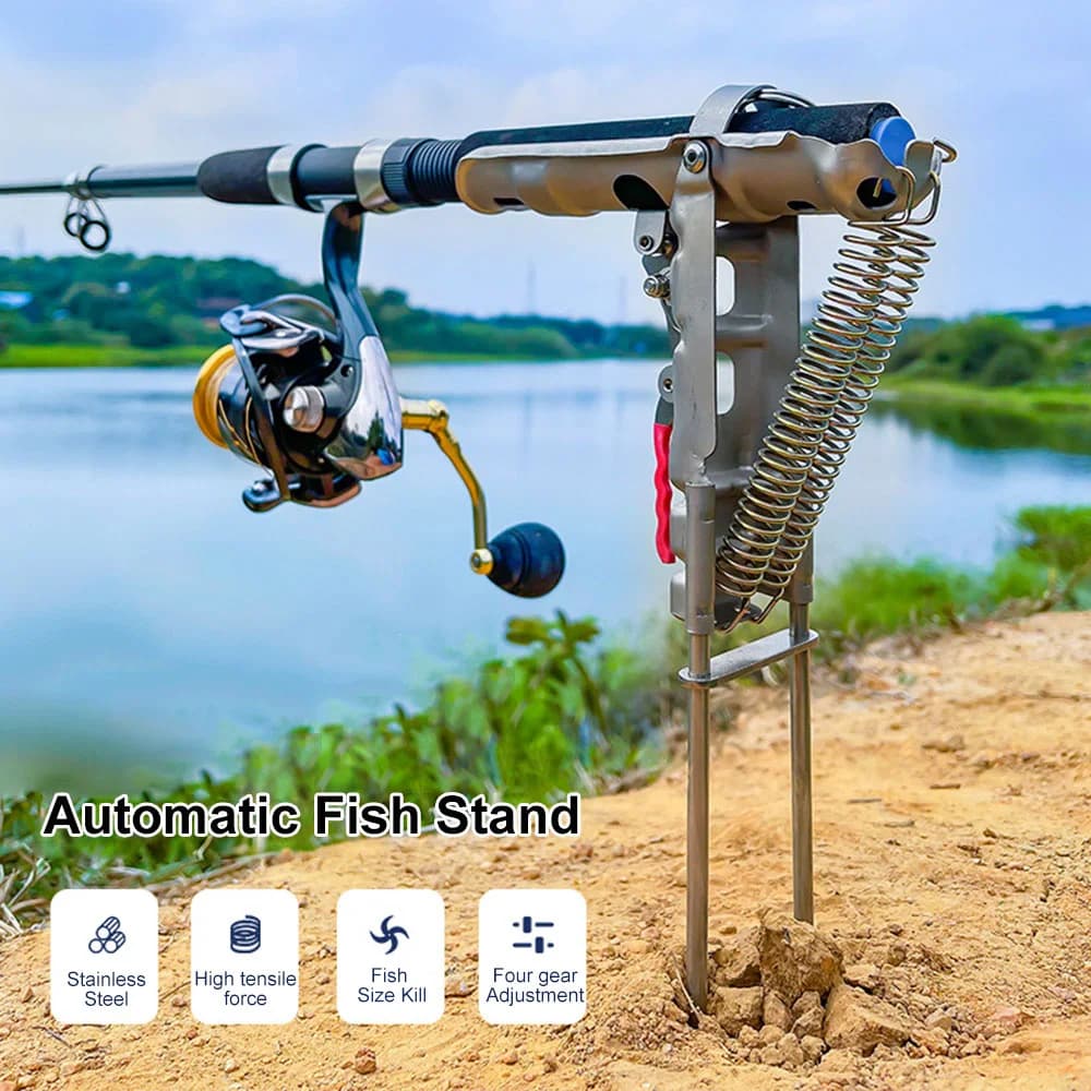 Base for ground support for fishing rod Base for automatic support for drop down rod Foldable fishing rod support Suitable for lakes, pond, river flow