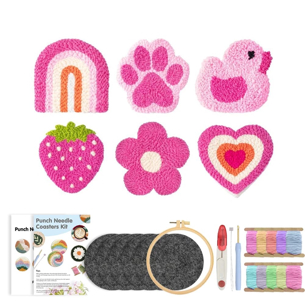 RUOPOTY 6pcs Punch Needle Coaster Pink Daisy Diy Needle Punch Kit Picture Diy Idea Flower Punch Needle Threader For Adults Craft