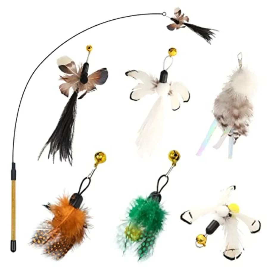 Hokaad Cat Insect Feather Toys - Feather Wand and 6 Natural Insect Refills - Interactive Cat Teaser with Bell