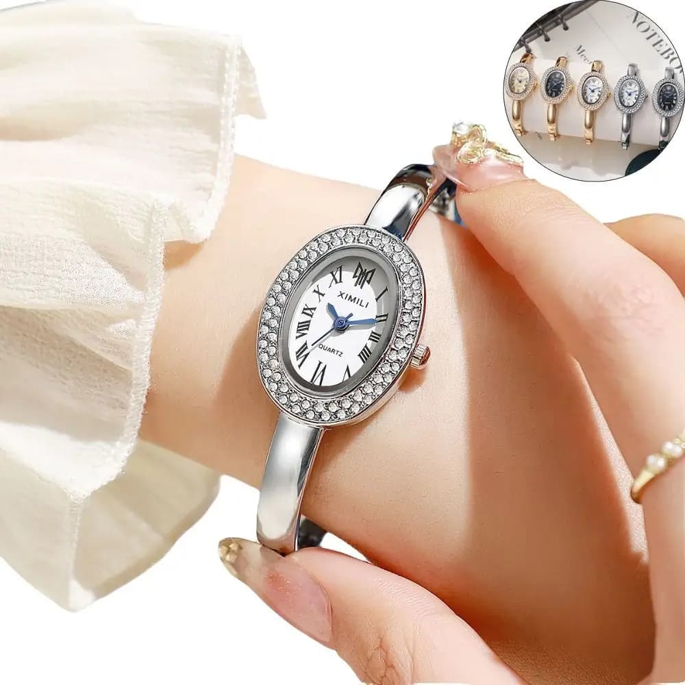 Orologio da Polso con Numeri Romani, Decorazione con Diamanti, Quadrante Ovale, Orologio al Quarzo da Donna, in Acciaio Inossidabile, Regalo