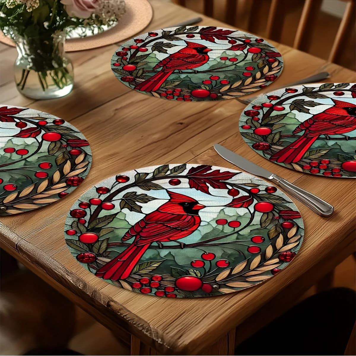 4PCS 15X15 inch, polyester material, spring theme placemat - Cardinal Red Bird Garden Afternoon Tea, suitable for holiday party kitchen catering home decoration, kitchen table mat