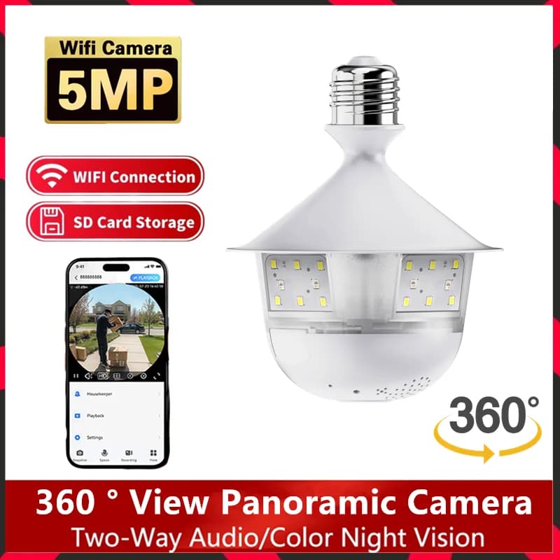 5MP CCTV IP Camera 360° Wifi Fisheye Overview for Interior, Night Vision Colors, Audio Bidirectional, Automatic Wireless Tracking