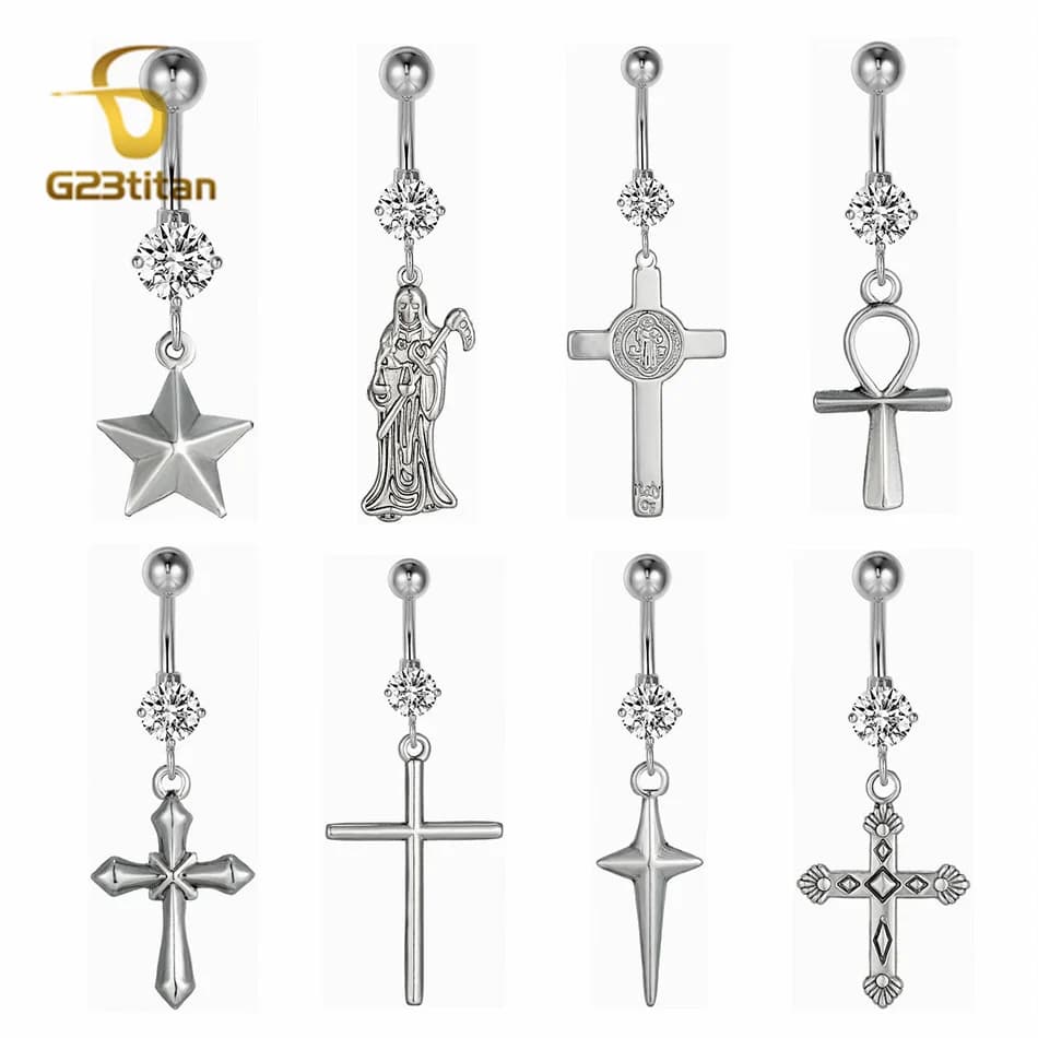 Antique Silver Cross Charms Belly Button Rings for Man Women 14G G23 Titanium Curved Barbell Navel Piercing Body Jewelry Gothic