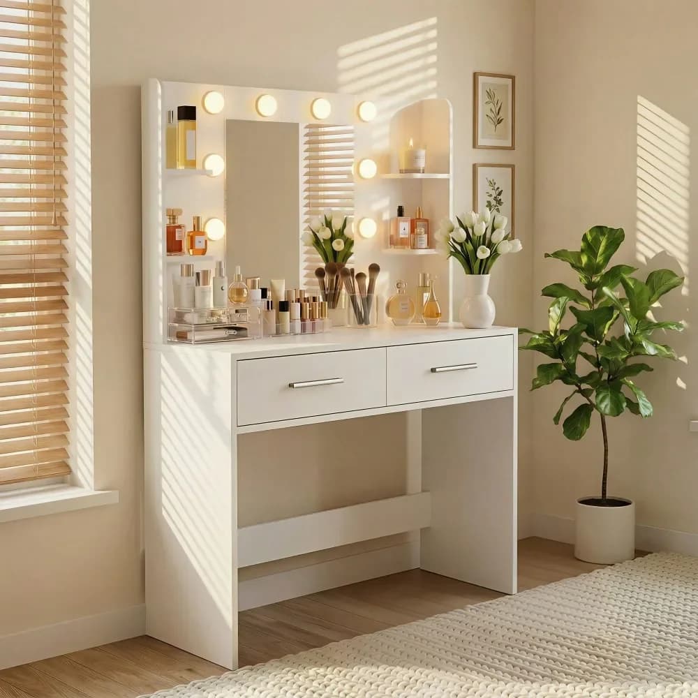 Makeup Vanity Desk With Mirror And Lights Power Outlet, Vanity Table Makeup Desk 2 Drawers, 6 Storage Shelves Hairdryer Holder D