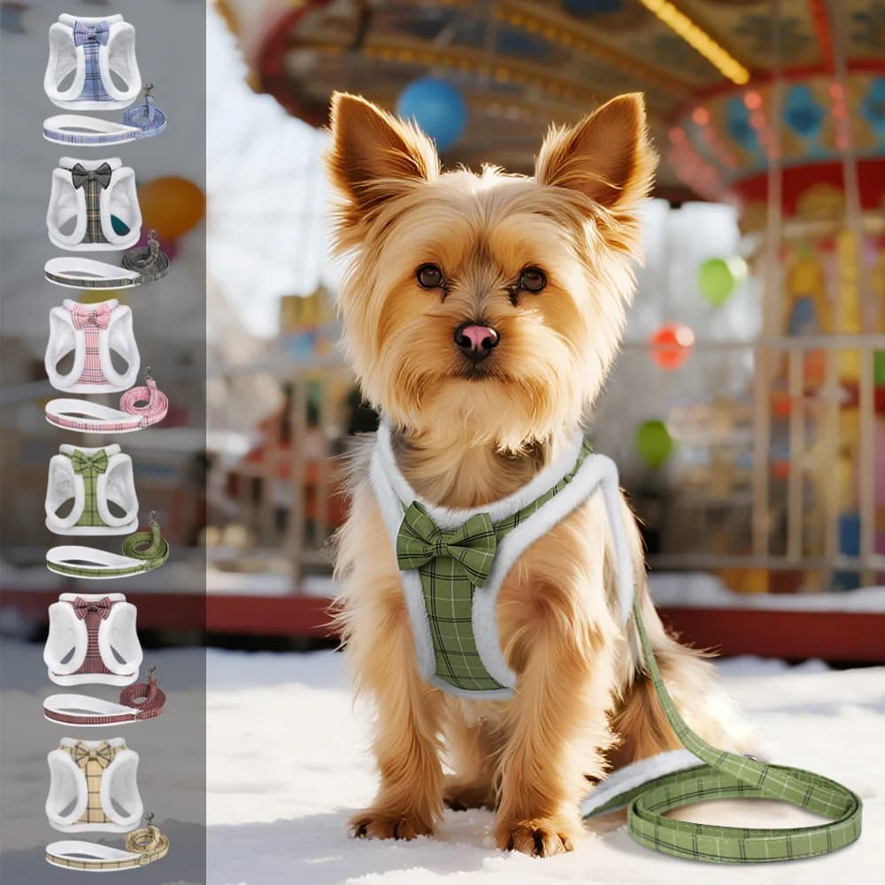 Set di guinzagli per cani caldi invernali Set di imbracature per cani imbottite in morbida pelliccia Gilet senza tirare Imbracatura per animali domestici regolabile con guinzaglio in piombo Simpatico fiocco