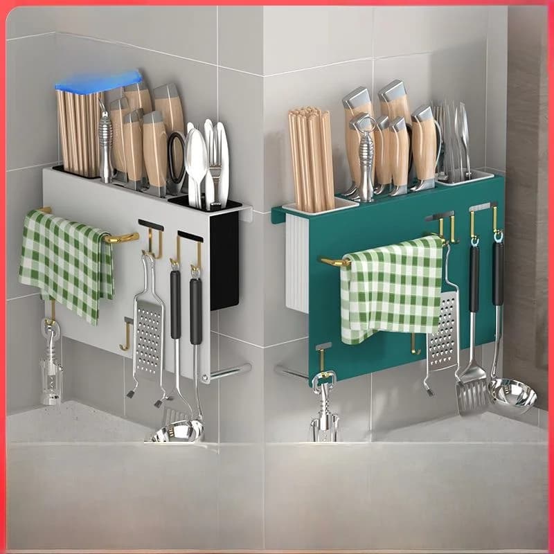 Stainless Steel Knife Holder Wall Mounted Kitchen Tool Organizer Integrated Chopsticks Rack Storage Box Lid Cover Design