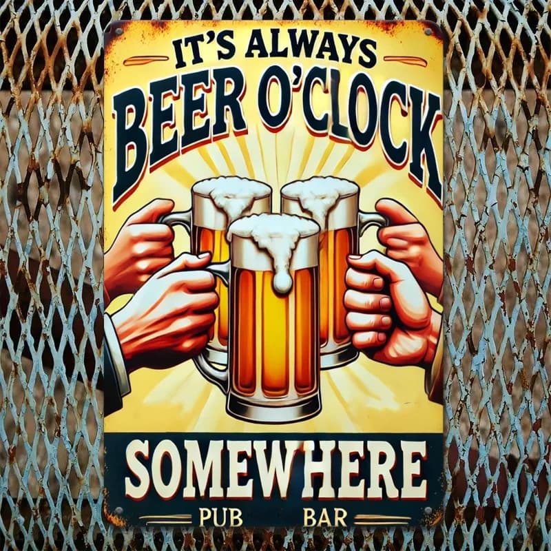 Targa in metallo "It'S Always Beer O'Clock" - Decorazione rustica per bar da pub con illustrazione di tazze e birra, per riunioni domestiche, barbecue Ar