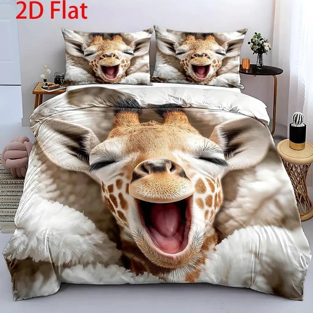 3Pcs Duvet Cover Set, 1 Duvet Cover + 2 Pillowcases, No Filler, 2D Flat Printing, 3Pcs Duvet Cover Set, Giraffe Smile Theme, Car