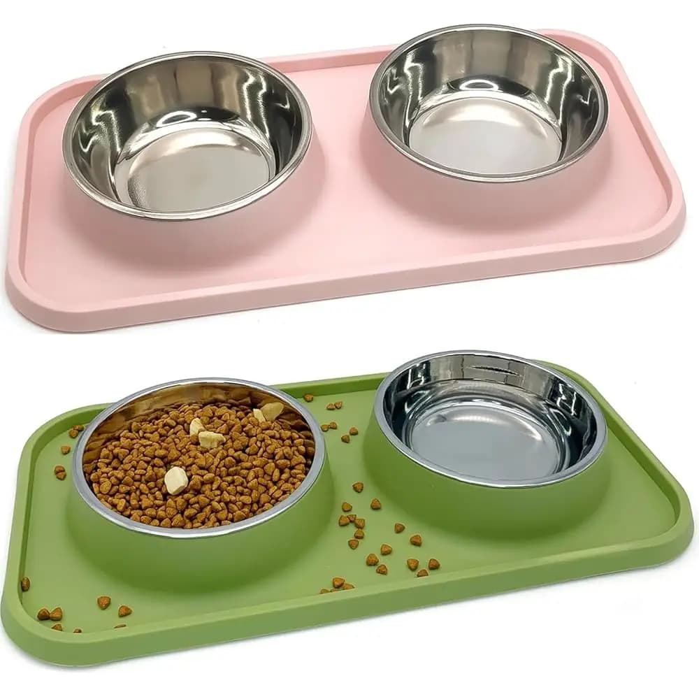 Set di 2 Ciotole Doppie per Cani in Acciaio Inox, Ciotole per Cibo e Acqua con Tappetino Antiscivolo in Plastica, Ciotola per Gatti e Cani