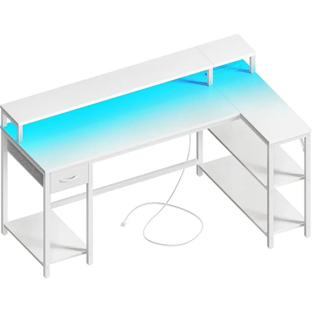 Scrivania a L con illuminazione LED e prese di corrente, scrivania angolare reversibile per ufficio domestico, scrivania da gaming con cassetti e supporto per monitor, PU