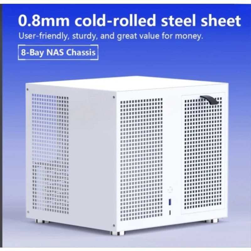 Chassis NAS Sagittarius a 8 alloggiamenti con backplane, alimentatore ATX, PCIe MATX a tutta altezza, storage AIO Qunhui, UNRAID