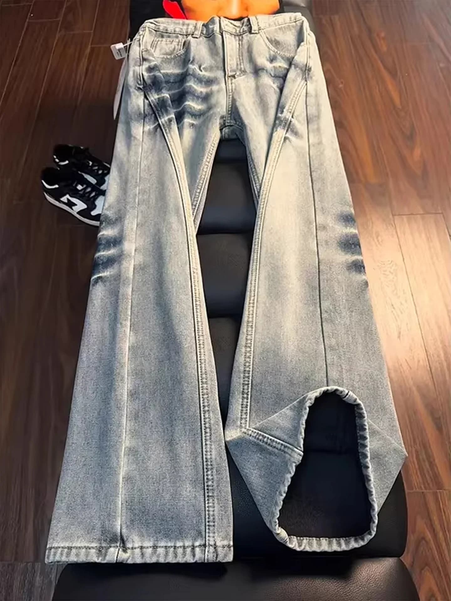 Thunderbolt Pattern Slant Cut Thickened Fleece Lined Loose Straight Leg Jeans Men's High Street American Style Long Pants