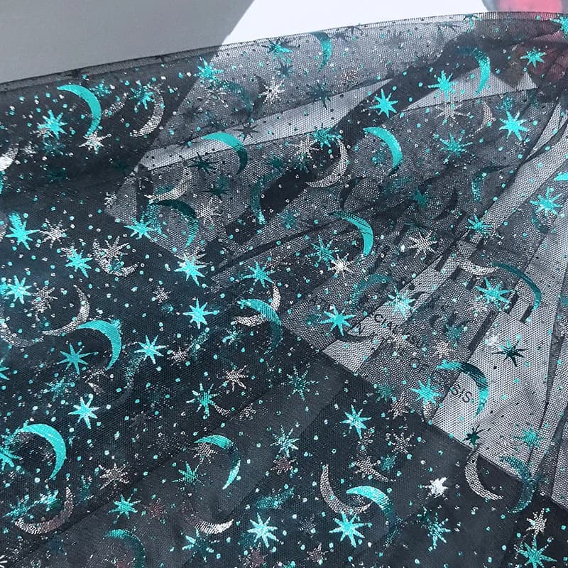 5M 150Cm Wide Green Star Moon Foil Tulle Mesh Fabric Stage Costume Doll Clothes Princess Dress Kids Clothing Accessories F154