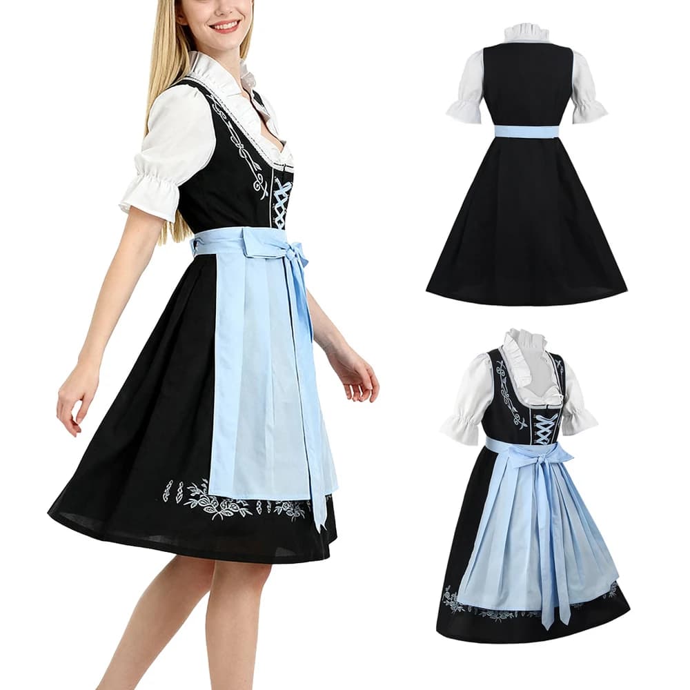 Women Embroidered Dirndl Dress German Bavarian Oktoberfest Beer Maid Costume Ruffle Blouse Apron Outfit Carnival Fancy Dress