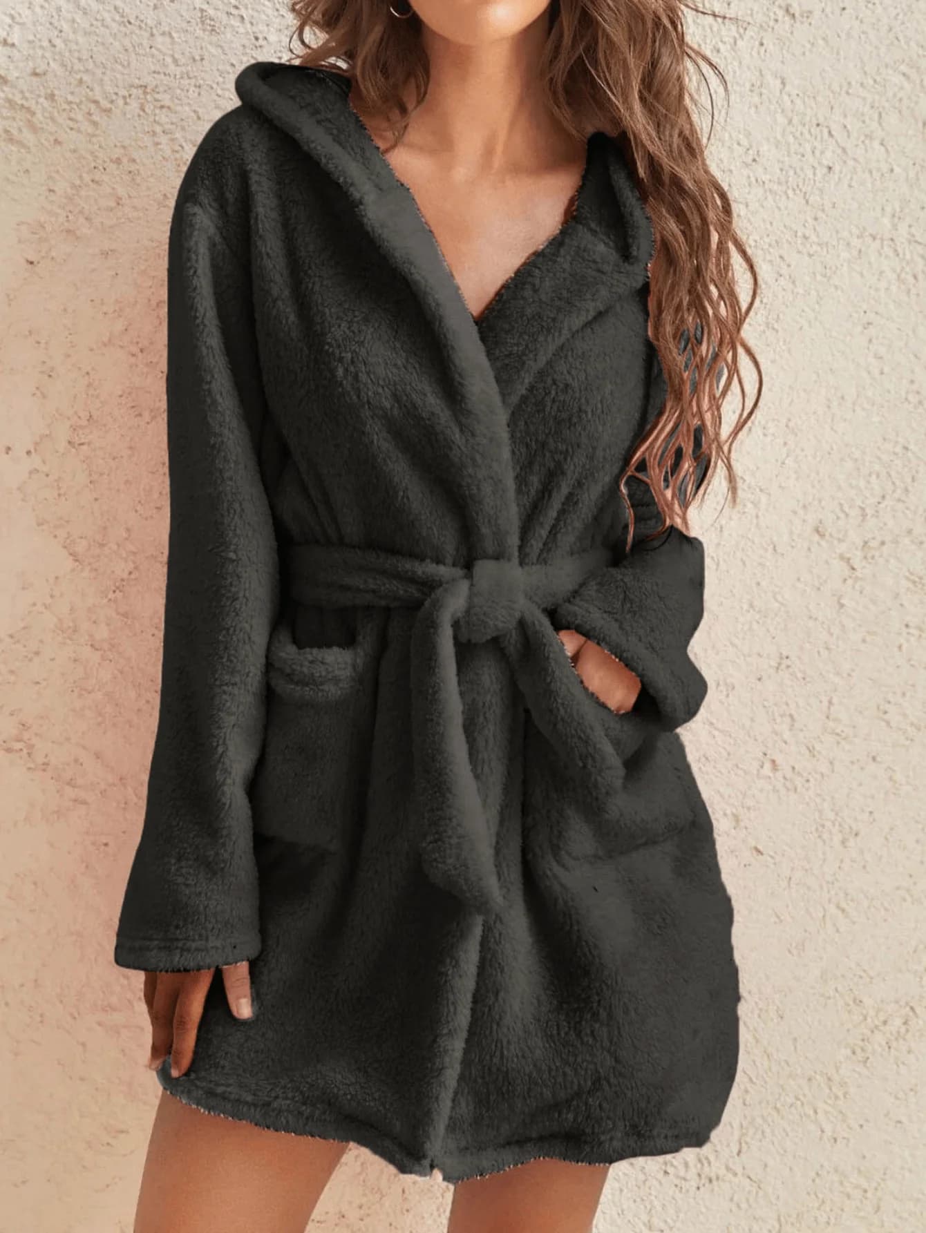 Women's Solid Color Hooded Bathrobe Belt Comfortable Warm women Fleece Fashionable Exquisite Homewear for Autumn Winter